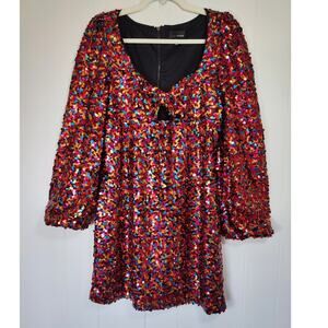 Lucy Paris Rainbow Sequin Mini Dress L Blouson Sleeve Party Glam